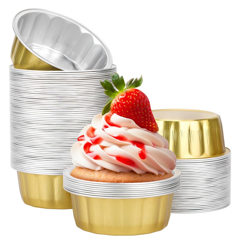 Beasea 8 oz 100 Pack Aluminum Ramekins, Disposable Ramekins Foil Cups Baking 3.9" Ramekin Cup Muffin Cupcake Aluminum Baking Cup Mini Pudding Souffle Cups for Party Wedding Birthday - Gold - Image 1